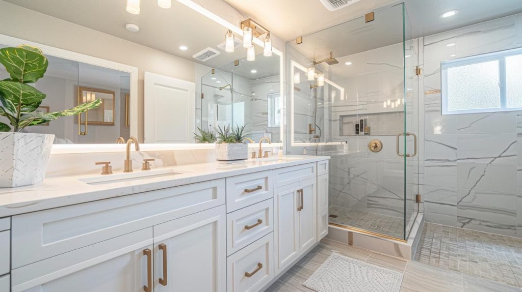 Contemporary bathroom remodeling Honolulu featuring double vanity with marble countertops and white shaker cabinetry with chrome hardware.