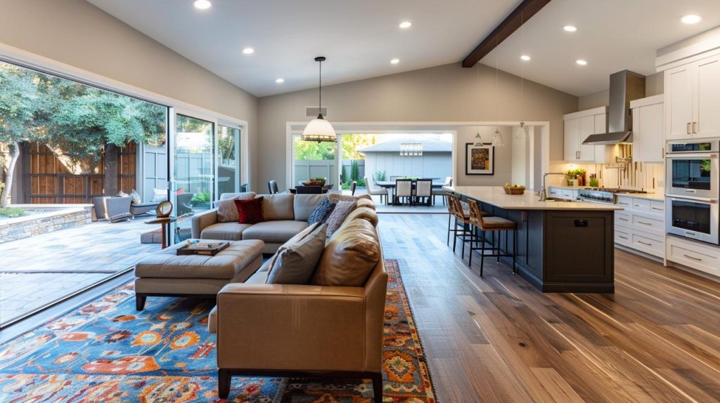 Seamless home additions remodeling creating open concept living and dining space with direct patio access