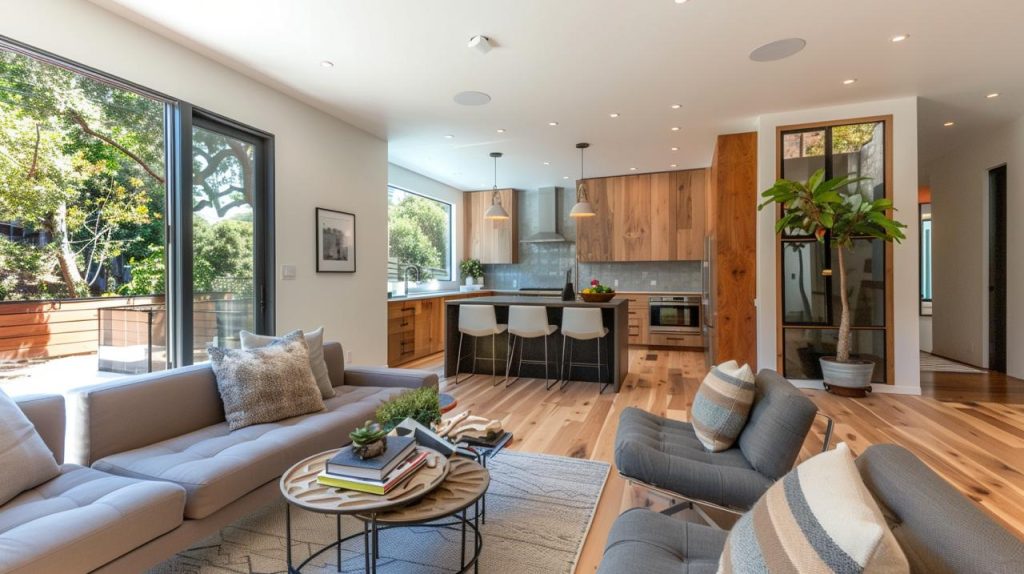 Home remodeling in Honolulu featuring an open concept living room with hardwood floors and wood cabinetry accents.