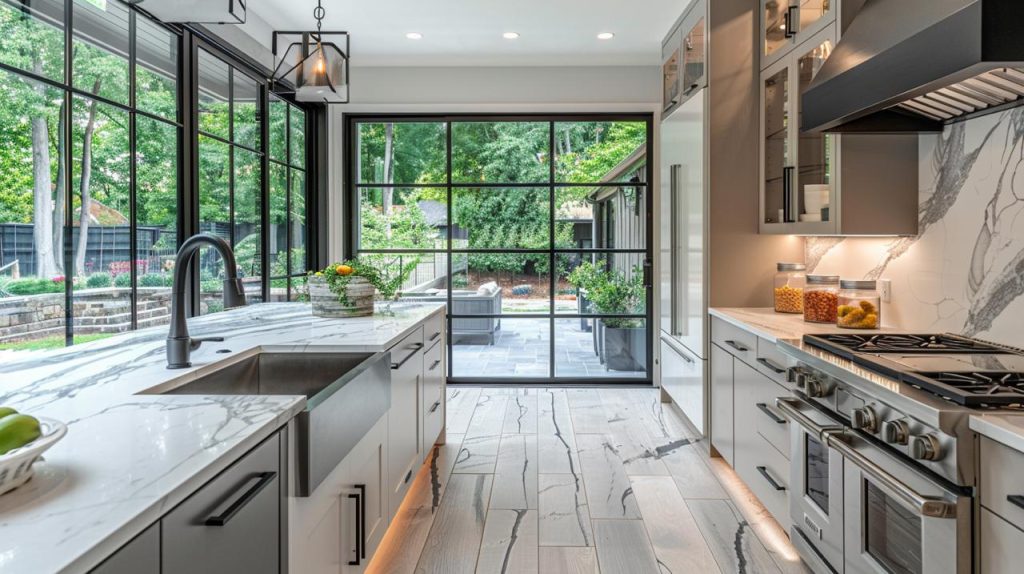 Open concept kitchen by remodeling contractor Honolulu featuring dining area integration with pendant lights and outdoor views