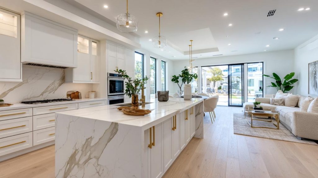 Kitchen renovation Honolulu project with expansive white island and abundant natural light from large windows