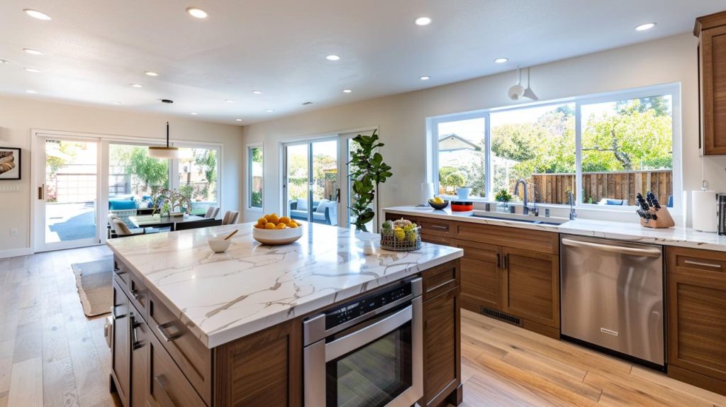 Contemporary Honolulu kitchen remodel featuring a wood island, quartz surfaces, and open corner windows.